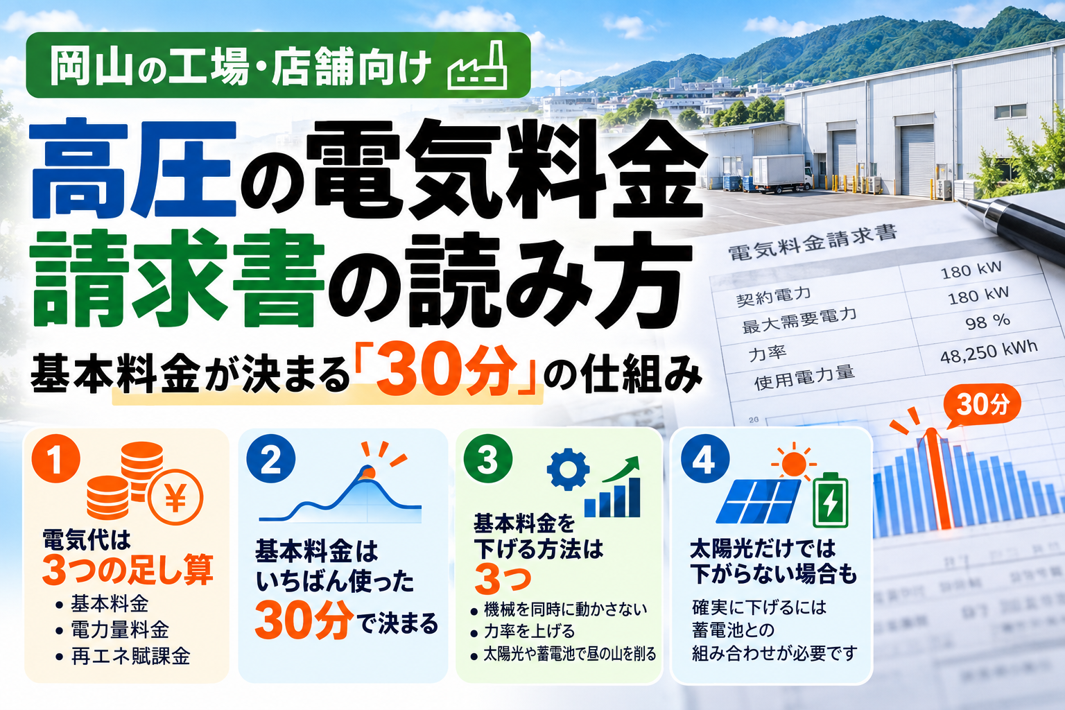 高圧の電気料金の請求書の読み方:岡山の工場・店舗で基本料金が決まる「30分」の仕組み|岡山の太陽光発電・蓄電池ならひだかや株式会社|自社一貫施工